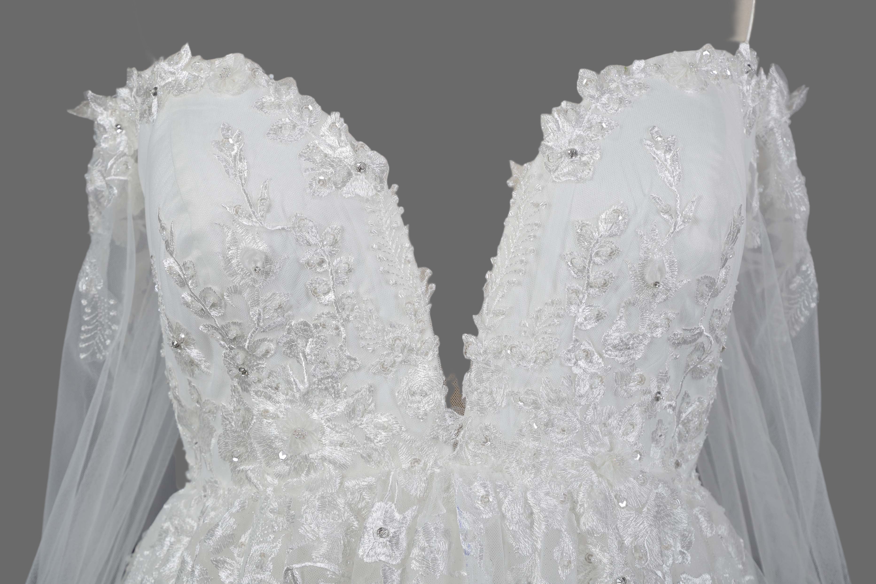 White Lace A-Line Wedding Dress with Off-Shoulder Long Sleeves and Cathedral Train