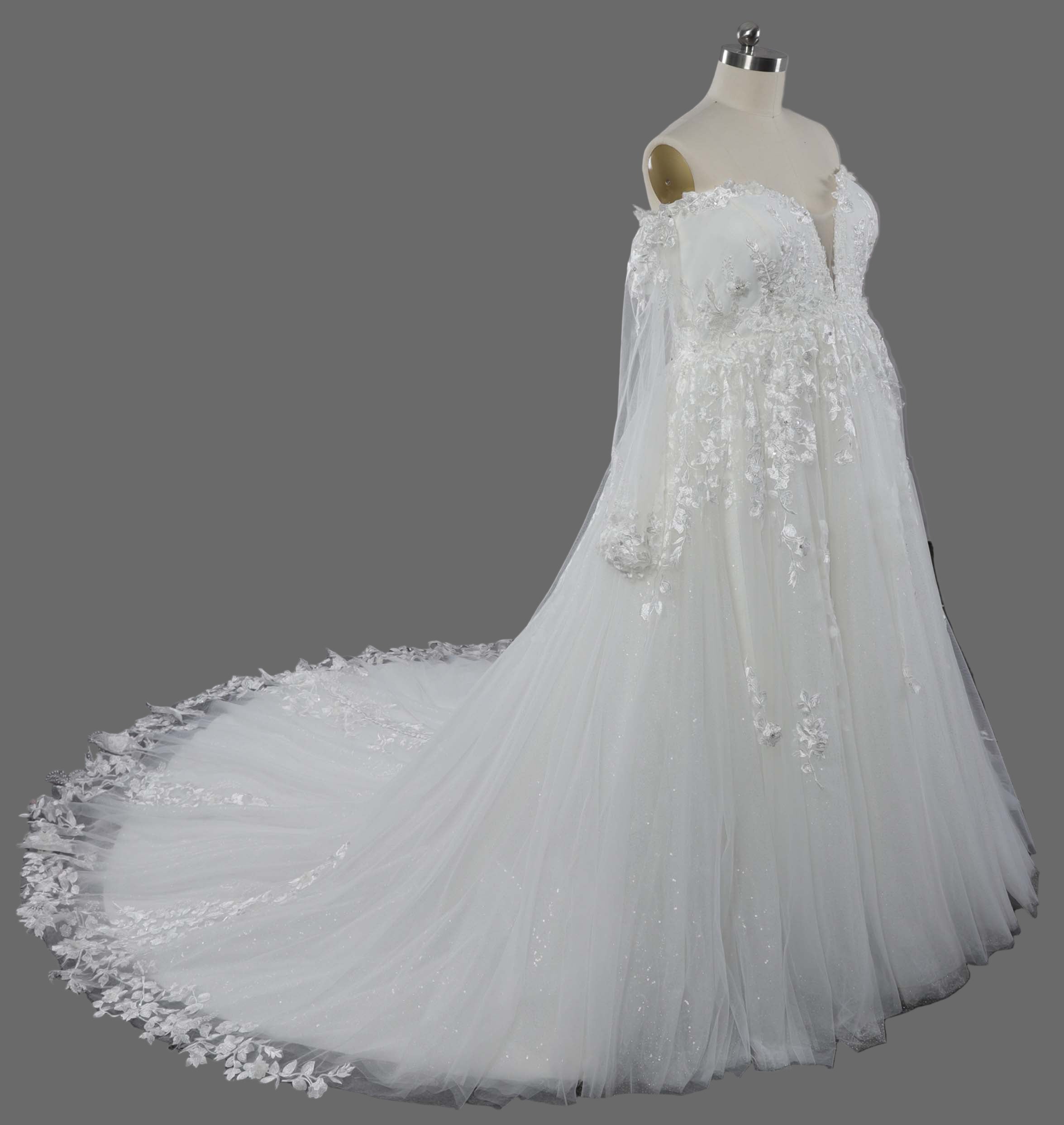 White Lace A-Line Wedding Dress with Off-Shoulder Long Sleeves and Cathedral Train