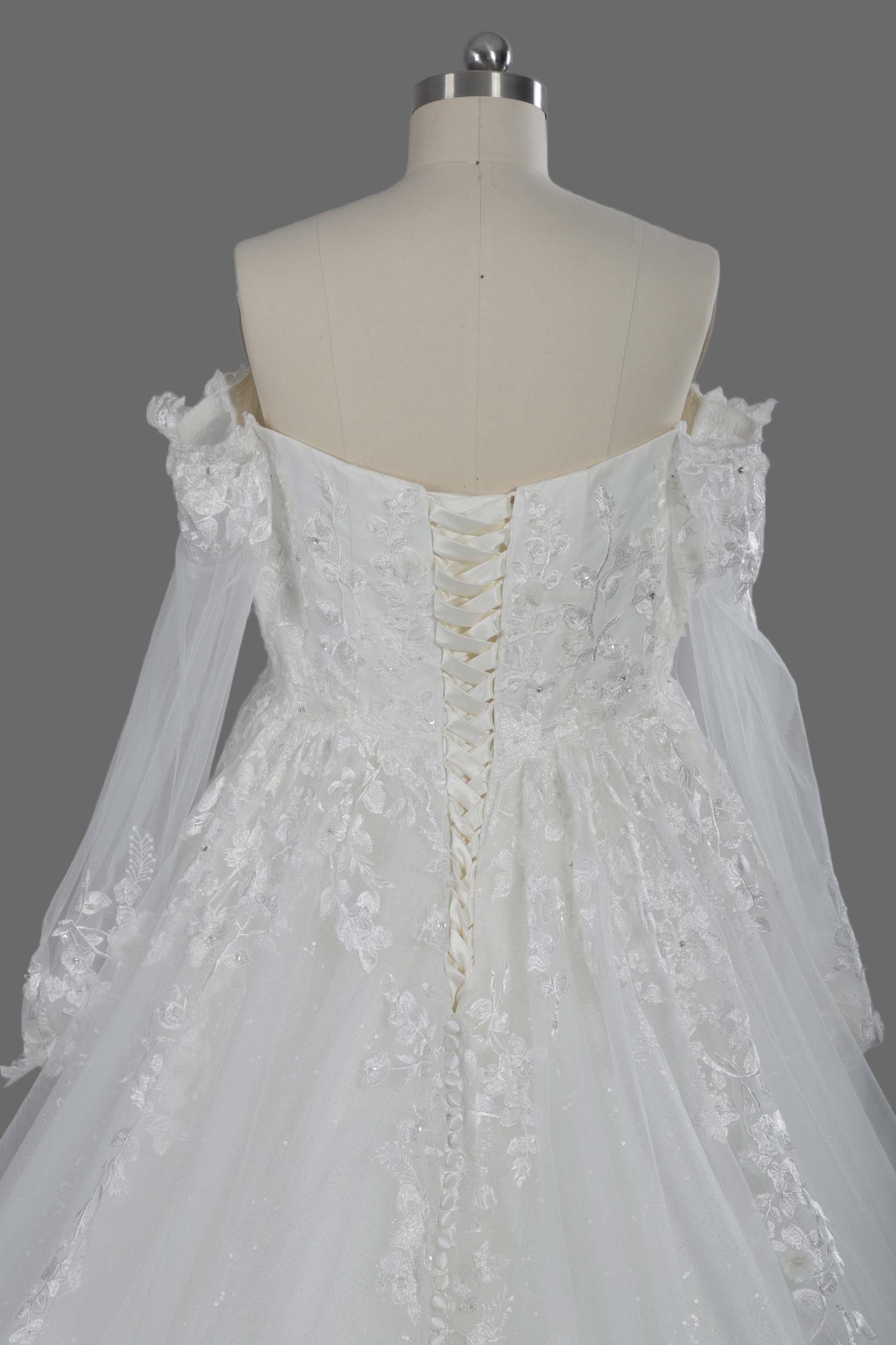 White Lace A-Line Wedding Dress with Off-Shoulder Long Sleeves and Cathedral Train