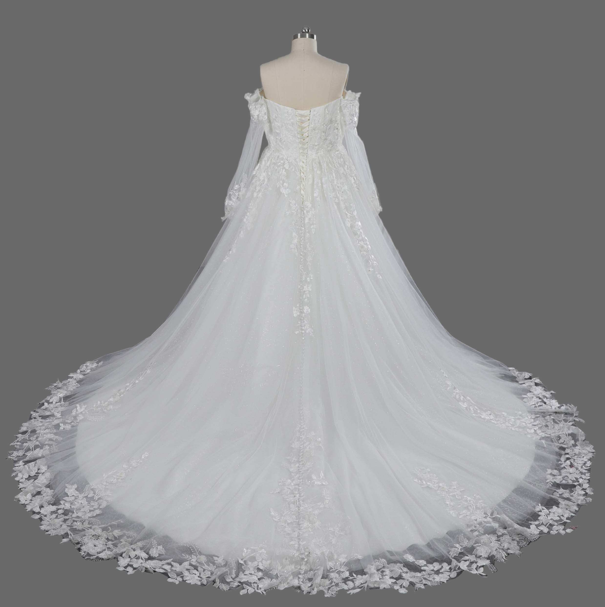 White Lace A-Line Wedding Dress with Off-Shoulder Long Sleeves and Cathedral Train