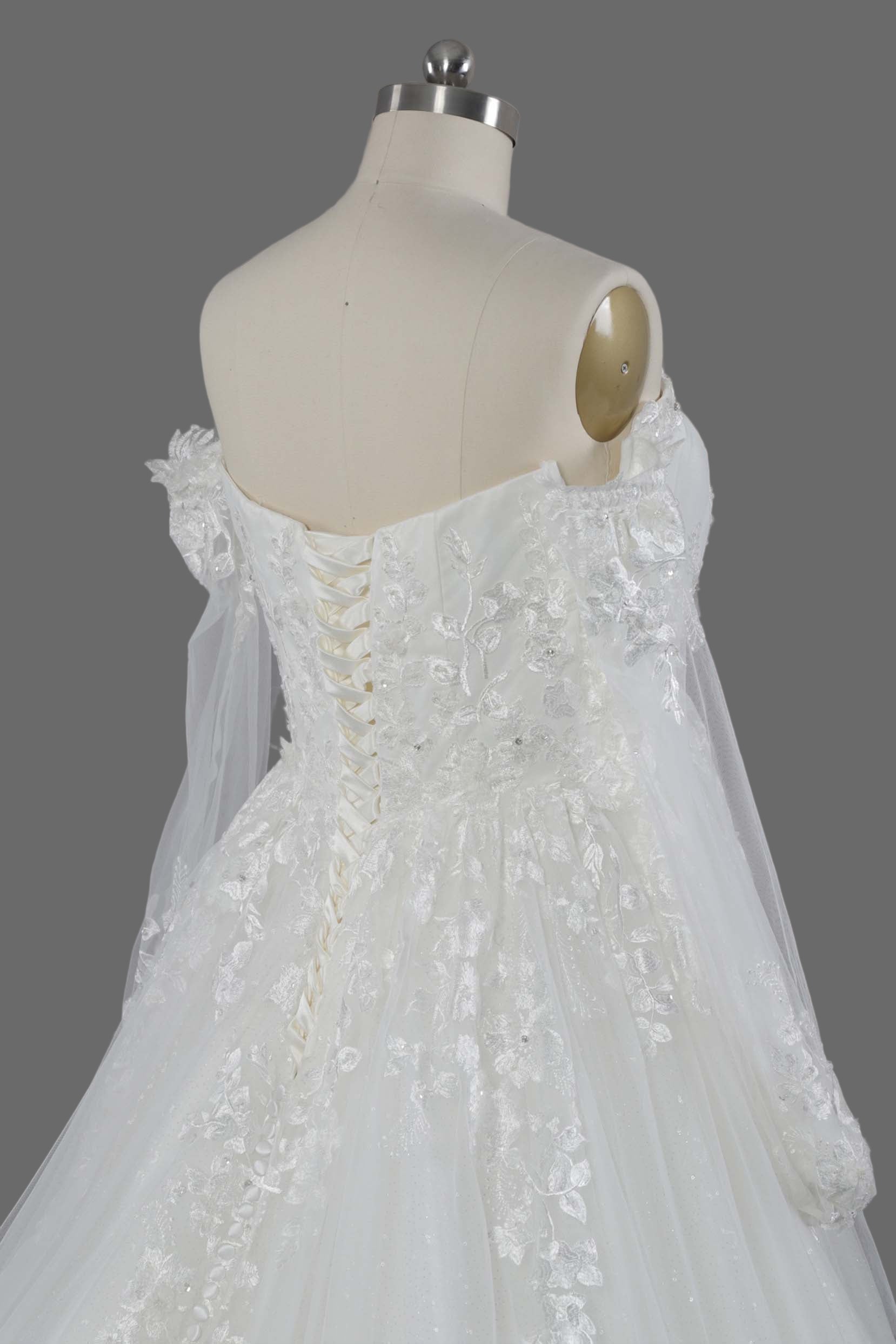 White Lace A-Line Wedding Dress with Off-Shoulder Long Sleeves and Cathedral Train