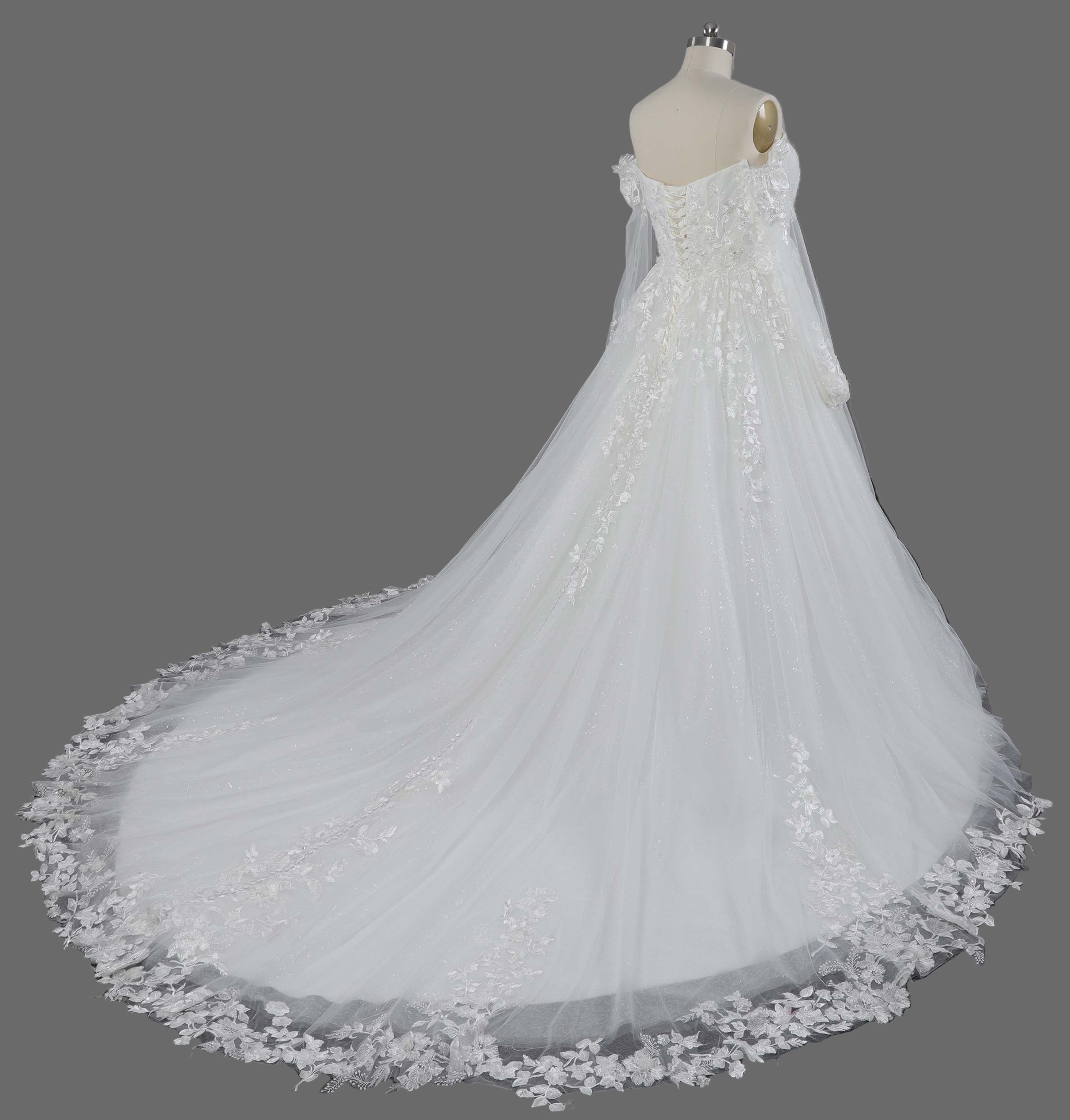 White Lace A-Line Wedding Dress with Off-Shoulder Long Sleeves and Cathedral Train