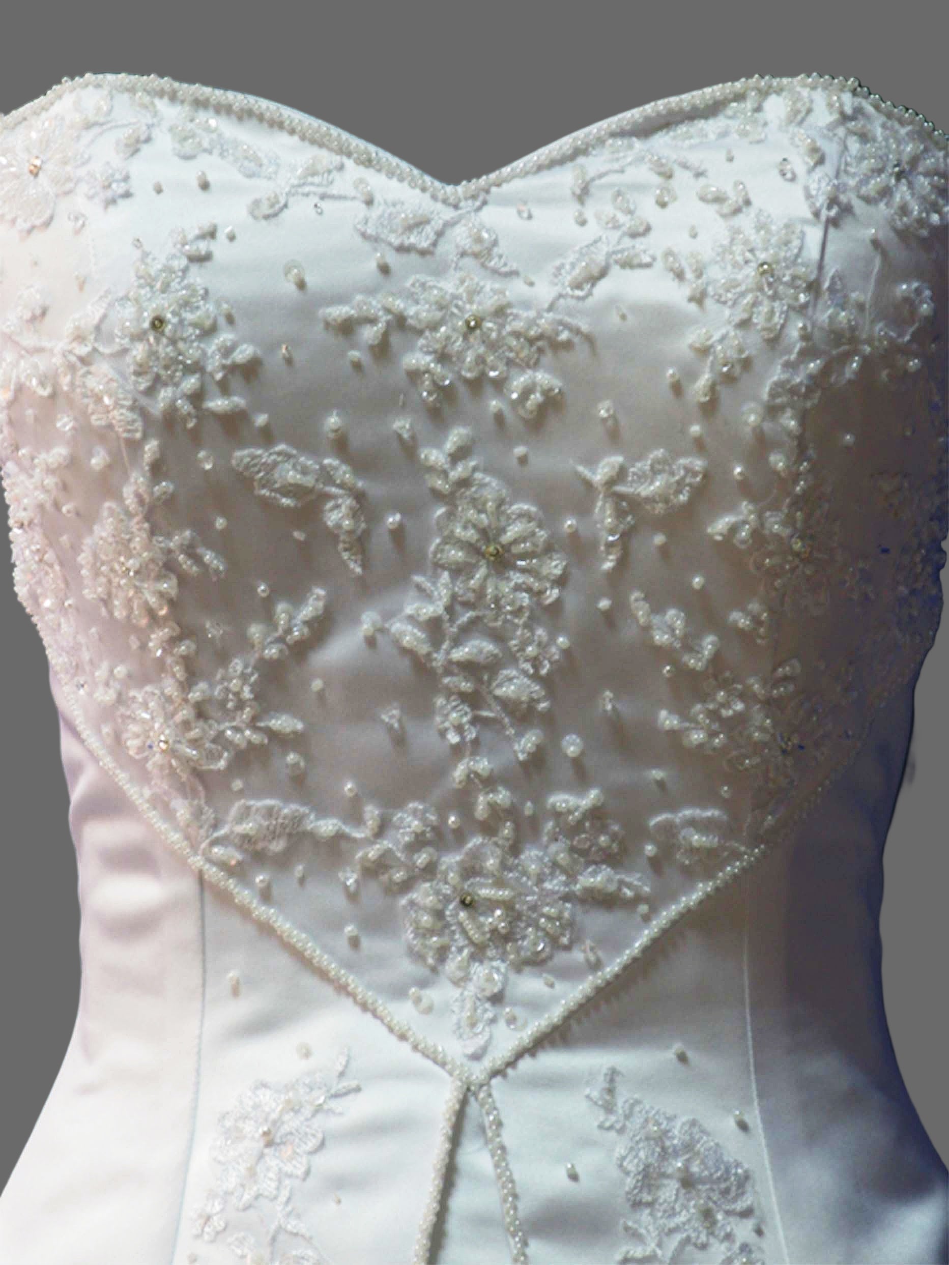 White Strapless Sweetheart Ball Gown Wedding Dress with Crystal Beaded Bodice & Embroidered Lace