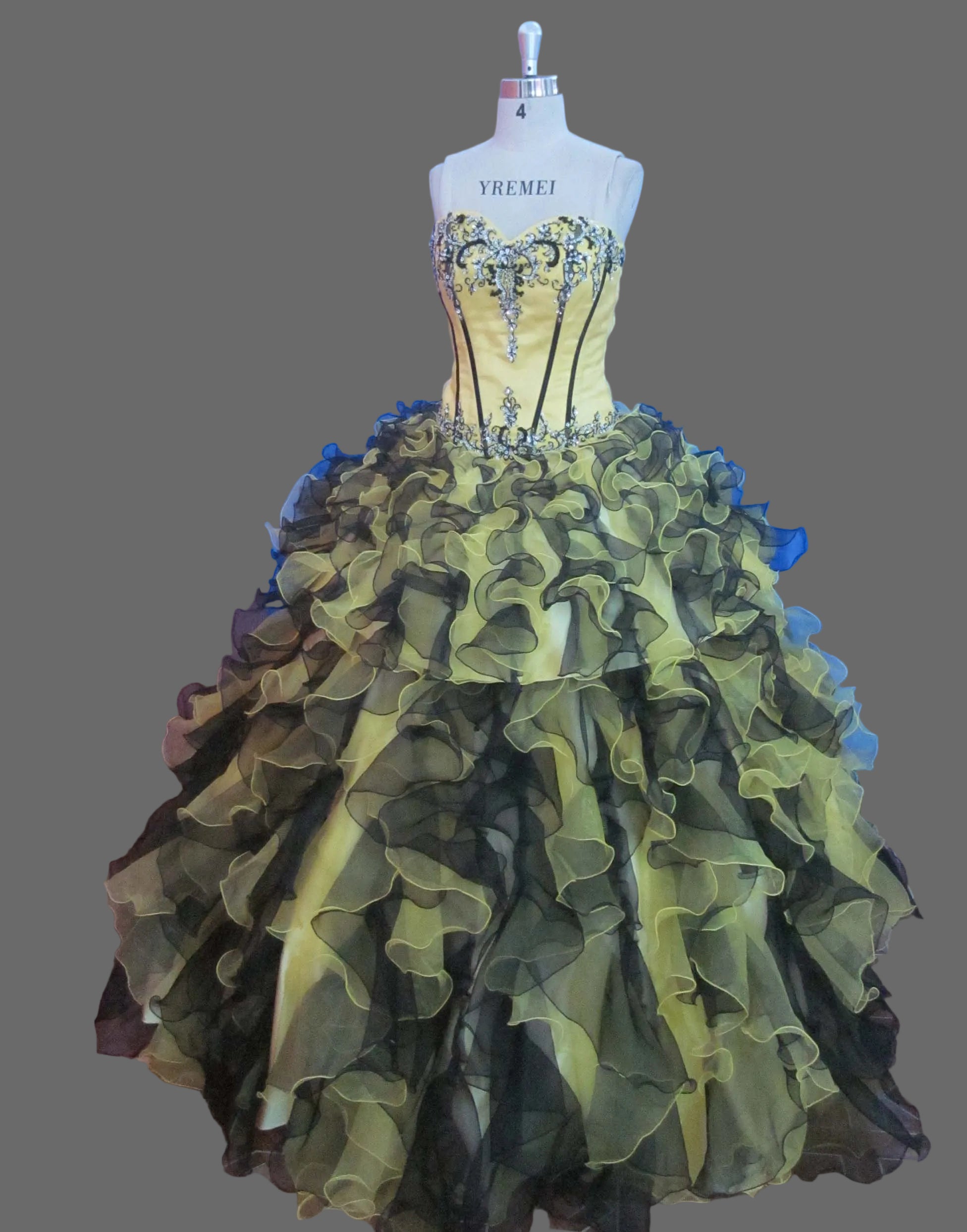Yellow & Black Quinceanera Ball Gown | Sweetheart Corset with Crystal Beading & Ruffled Organza