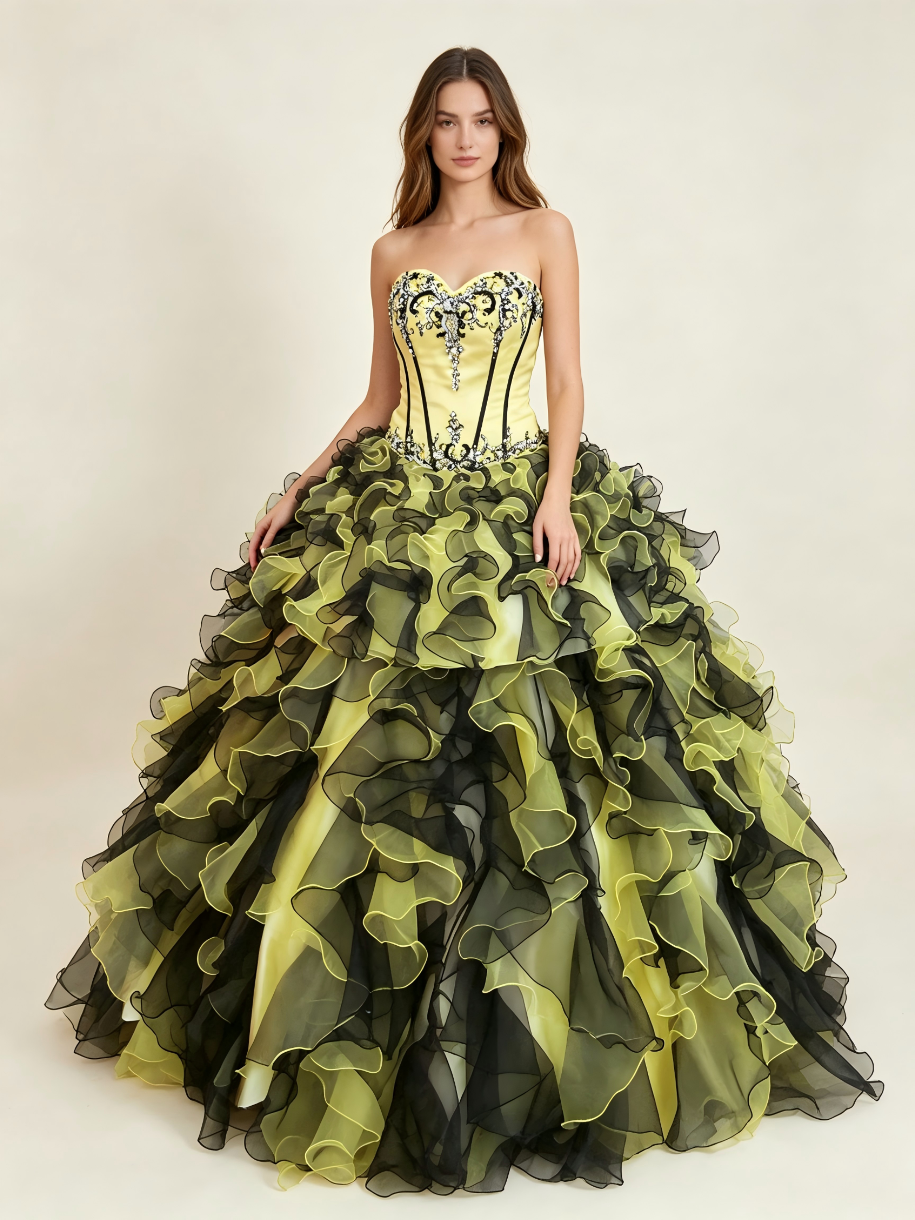 Yellow & Black Quinceanera Ball Gown | Sweetheart Corset with Crystal Beading & Ruffled Organza