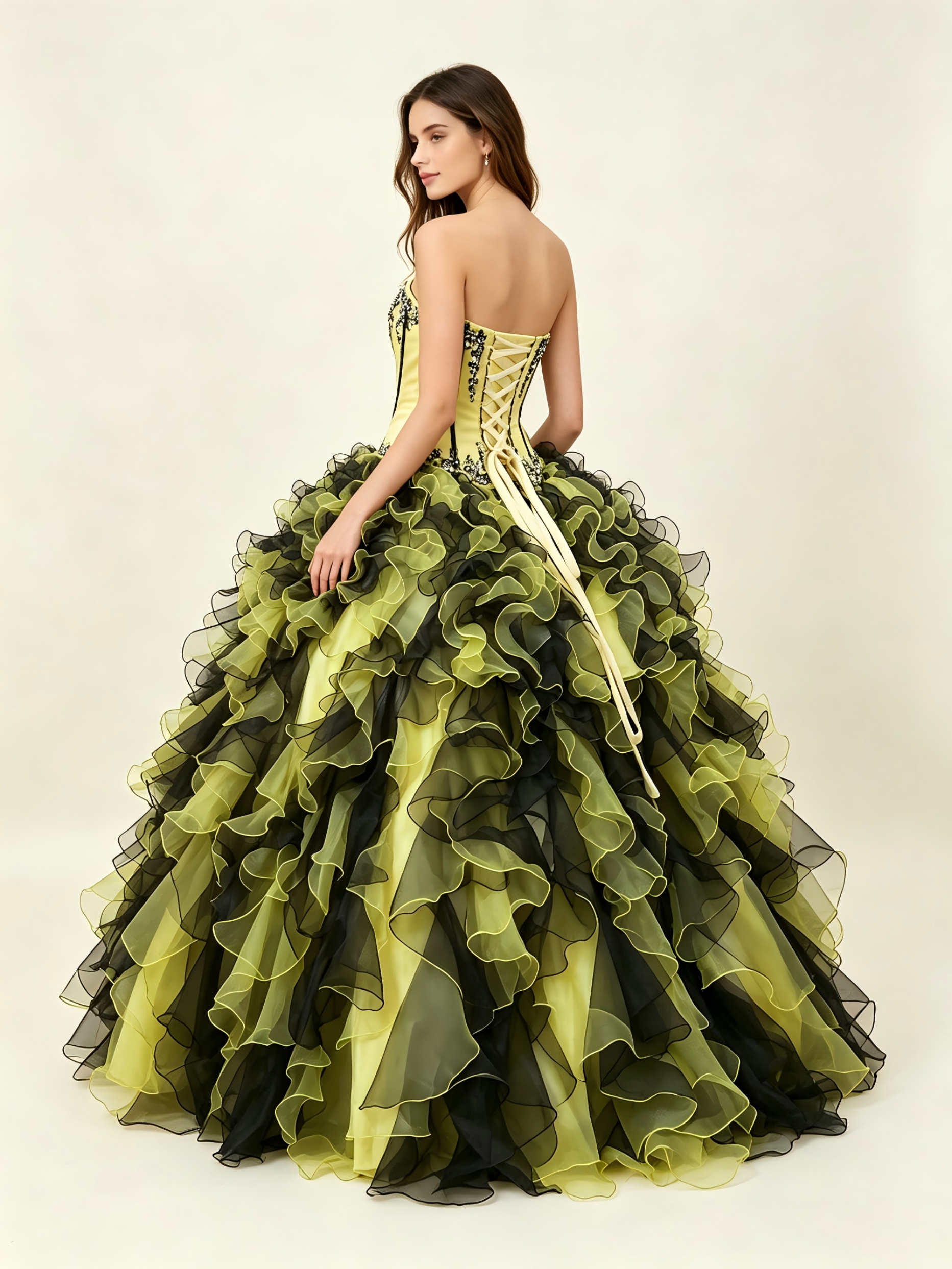 Yellow & Black Quinceanera Ball Gown | Sweetheart Corset with Crystal Beading & Ruffled Organza