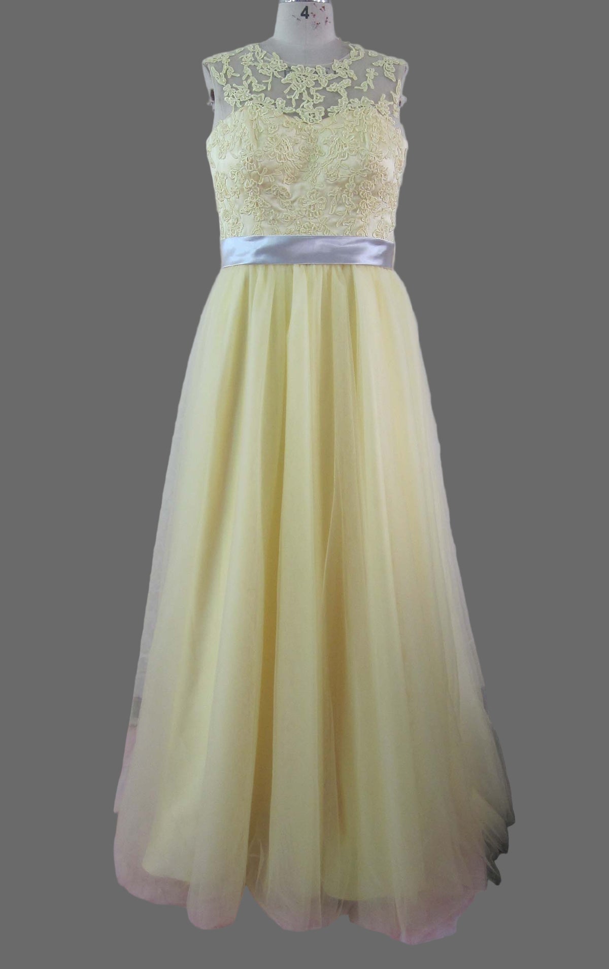 Yellow Lace Bridesmaid Dress with Silver Sash - A-Line Tea Length Formal Gown Yellow Lace Bridesmaid Dress with Silver Sash - A-Line Tea Length Formal Gown