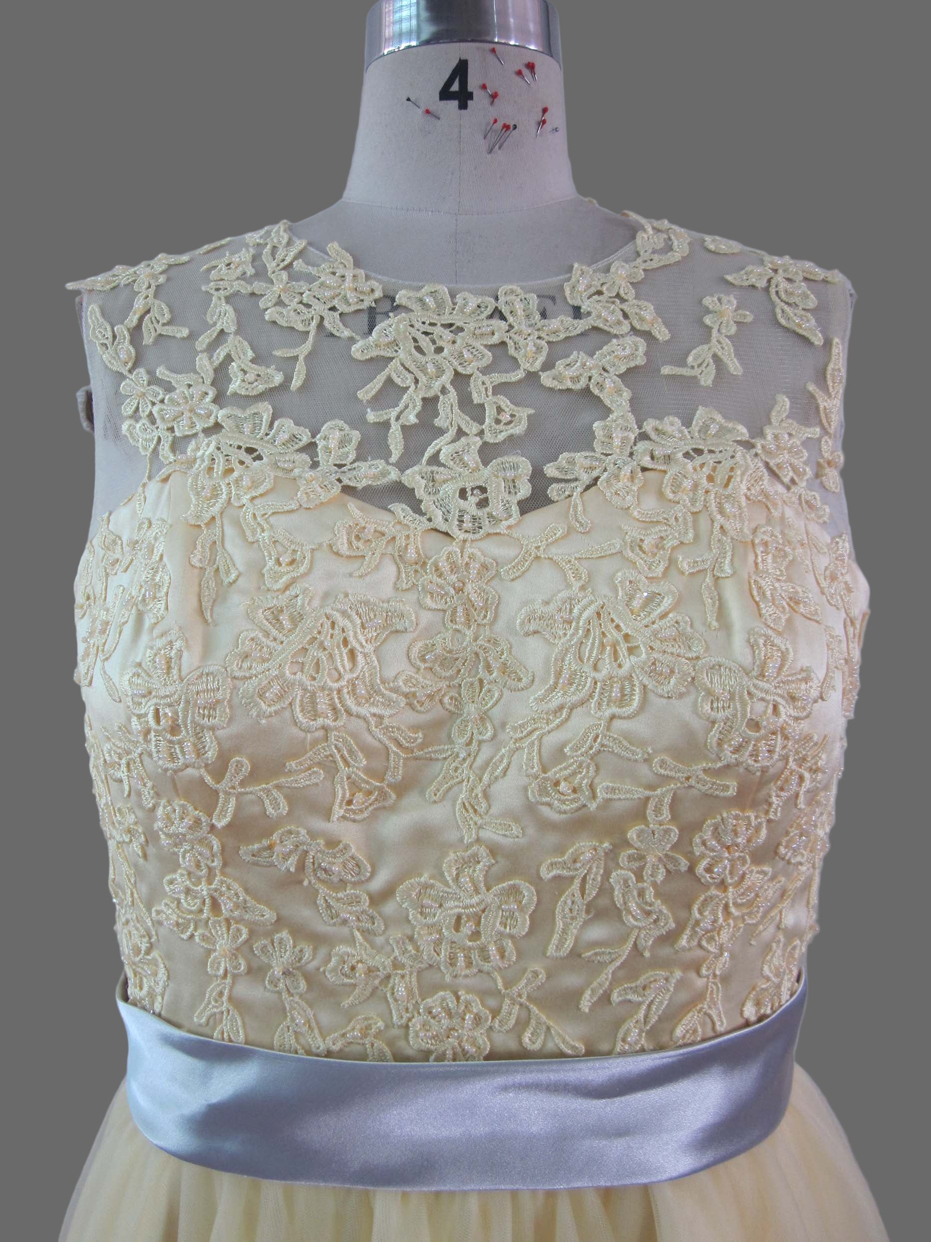 Yellow Lace Bridesmaid Dress with Silver Sash - A-Line Tea Length Formal Gown