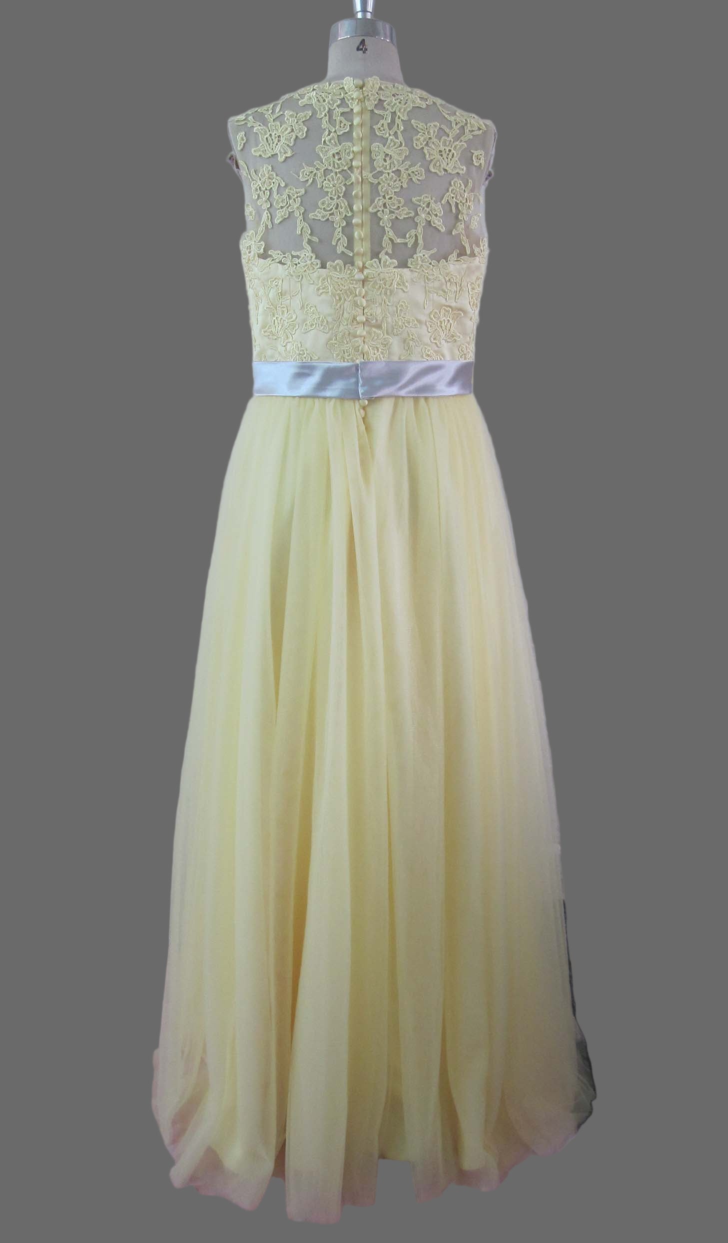 Yellow Lace Bridesmaid Dress with Silver Sash - A-Line Tea Length Formal Gown