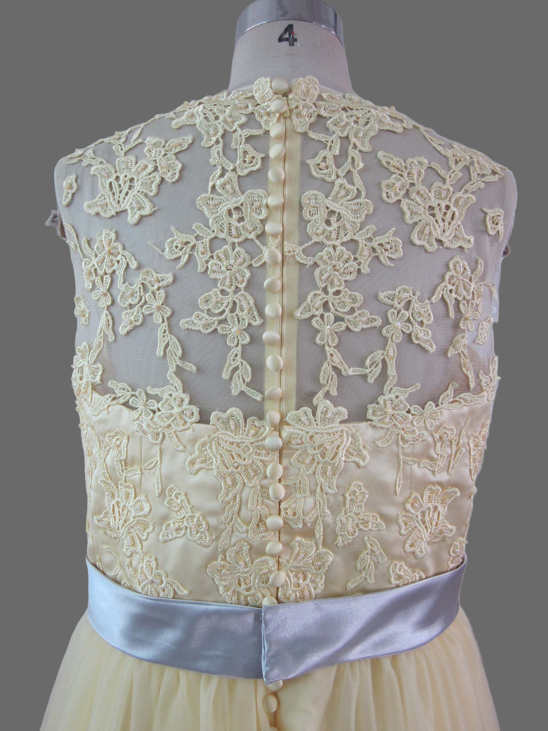 Yellow Lace Bridesmaid Dress with Silver Sash - A-Line Tea Length Formal Gown